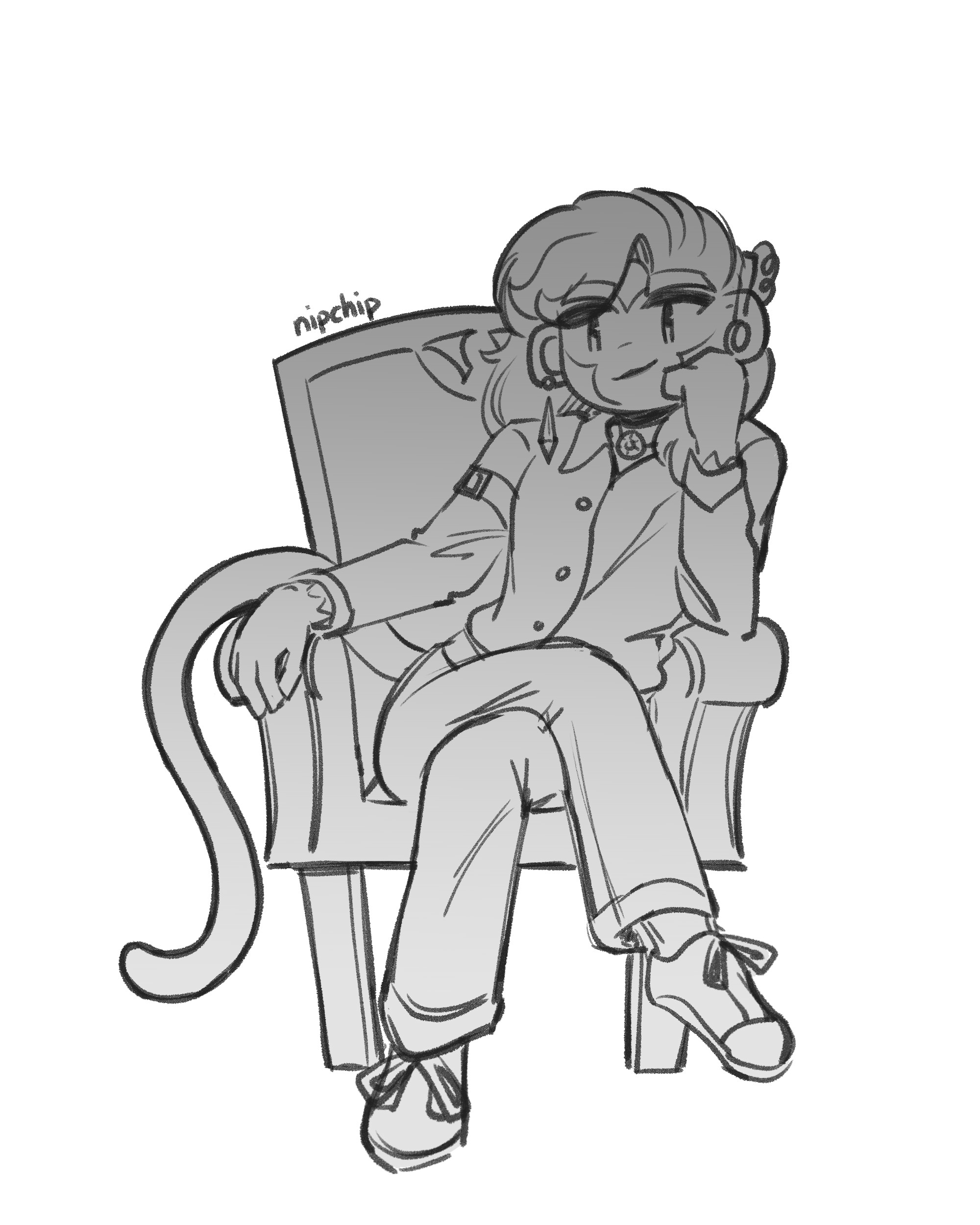 Genderbent Jericho sitting cross-legged on an armchair, leaning to the side on her elbow. She looks down at you with a sly smile.